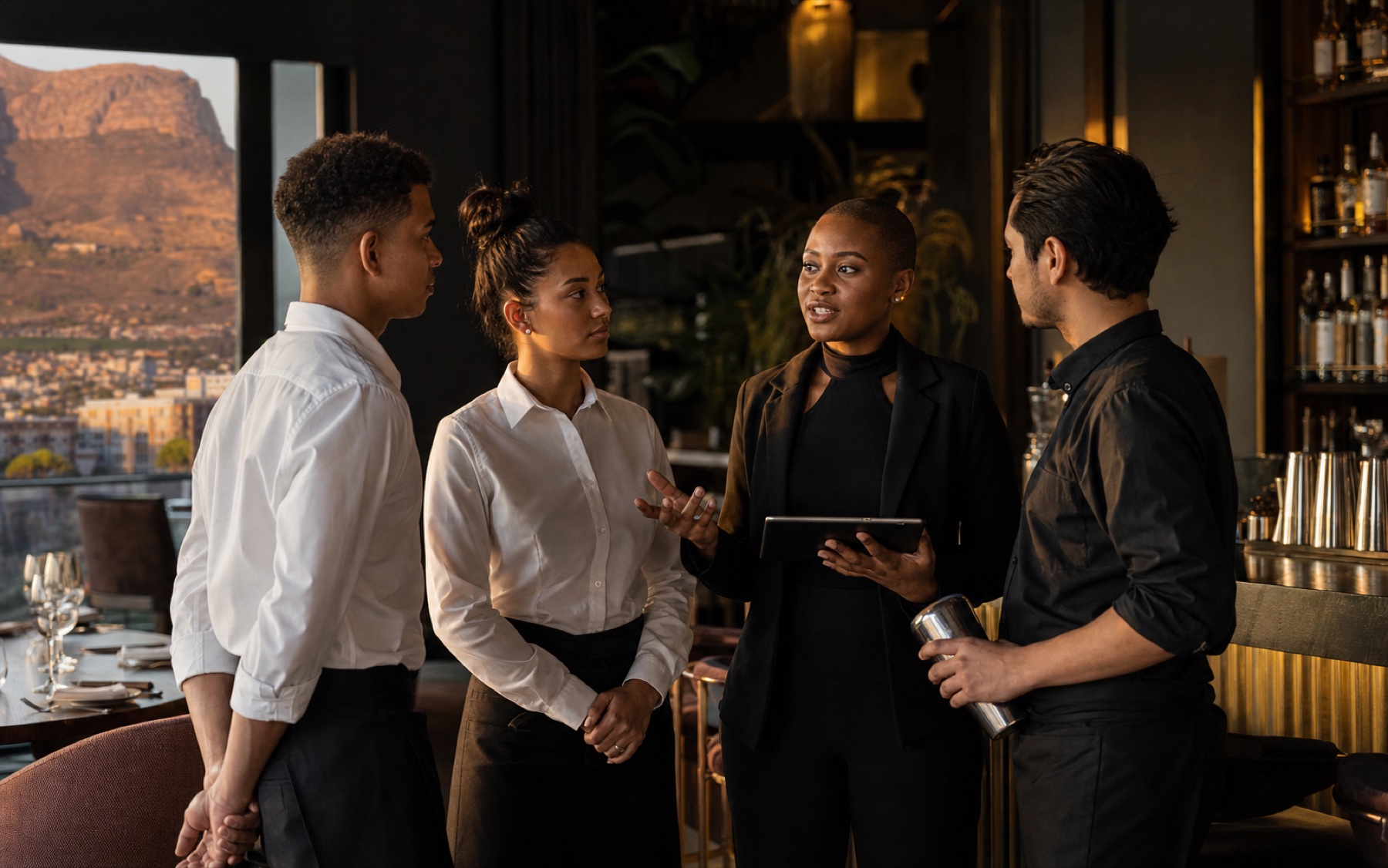 A hospitality team in a face-to-face briefing