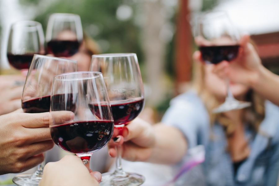 Guests raising wine glasses at an outdoor hospitality venue