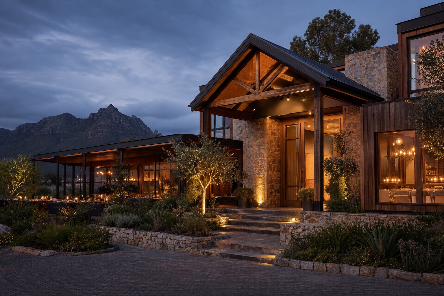 Exterior of a boutique hotel and restaurant in the Cape Winelands