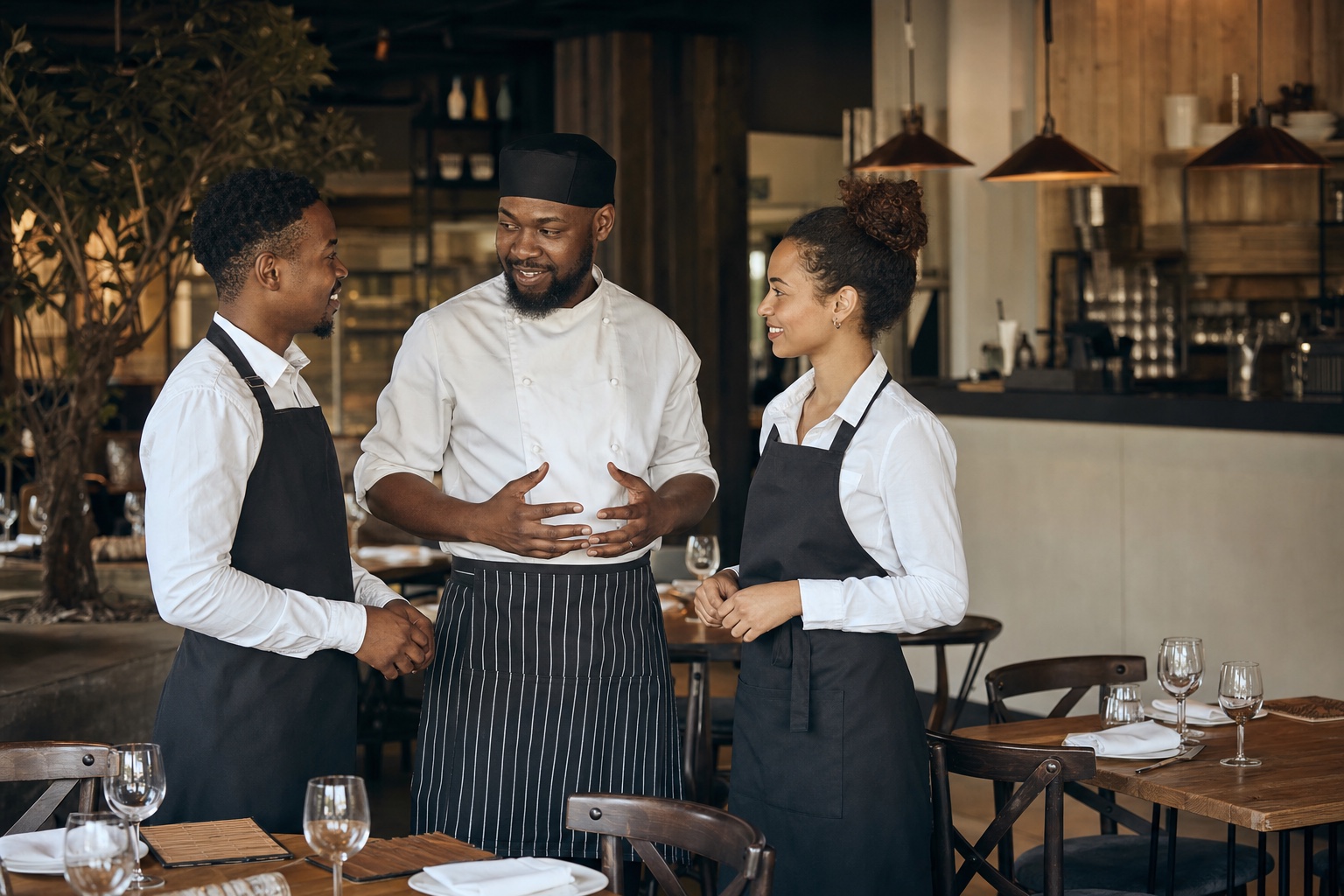 Hospitality professionals preparing for service inside a restaurant